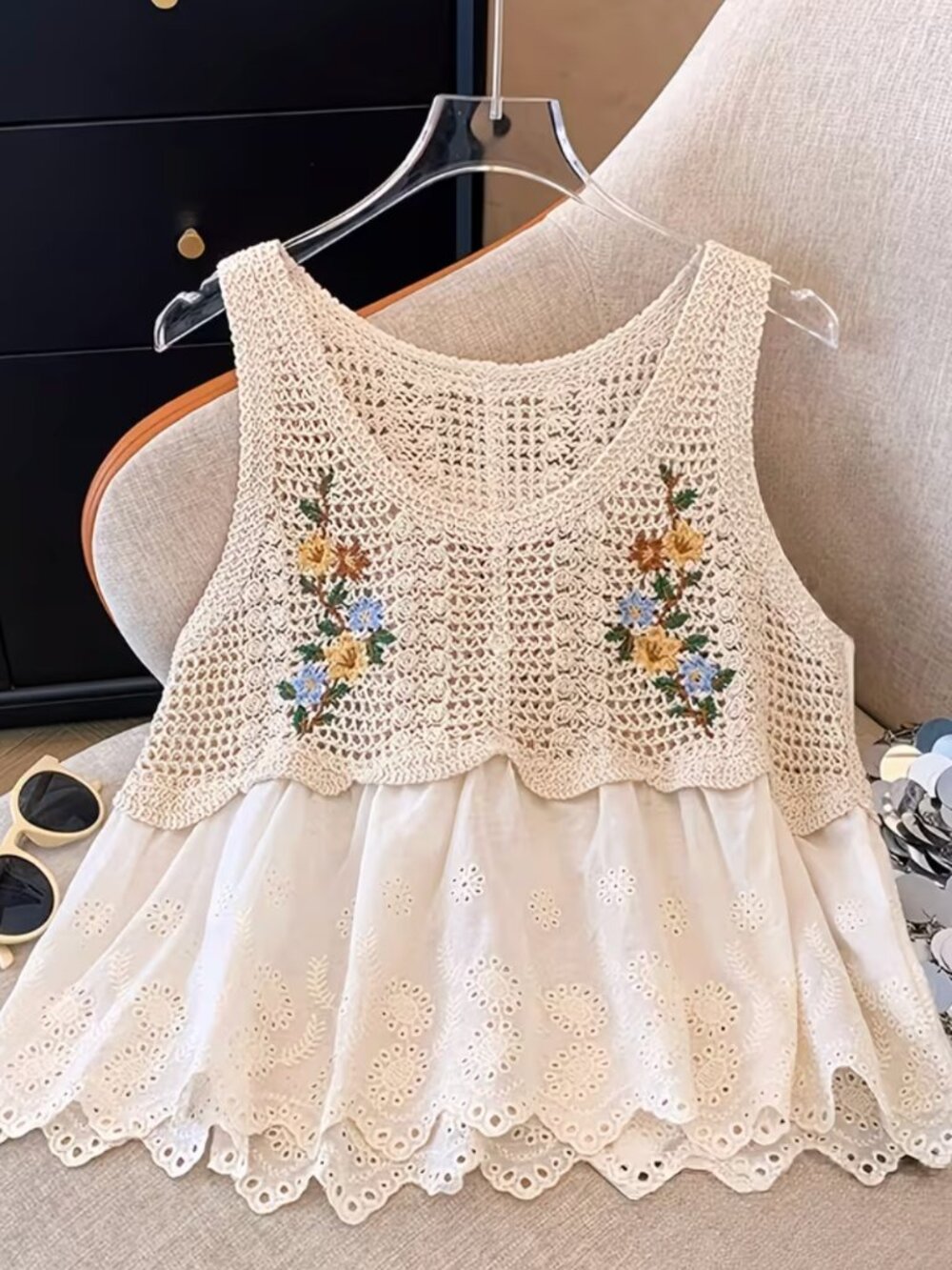 Boho Crochet Floral Embroidered Eyelet Babydoll Tank Top Ivory Cottagecore